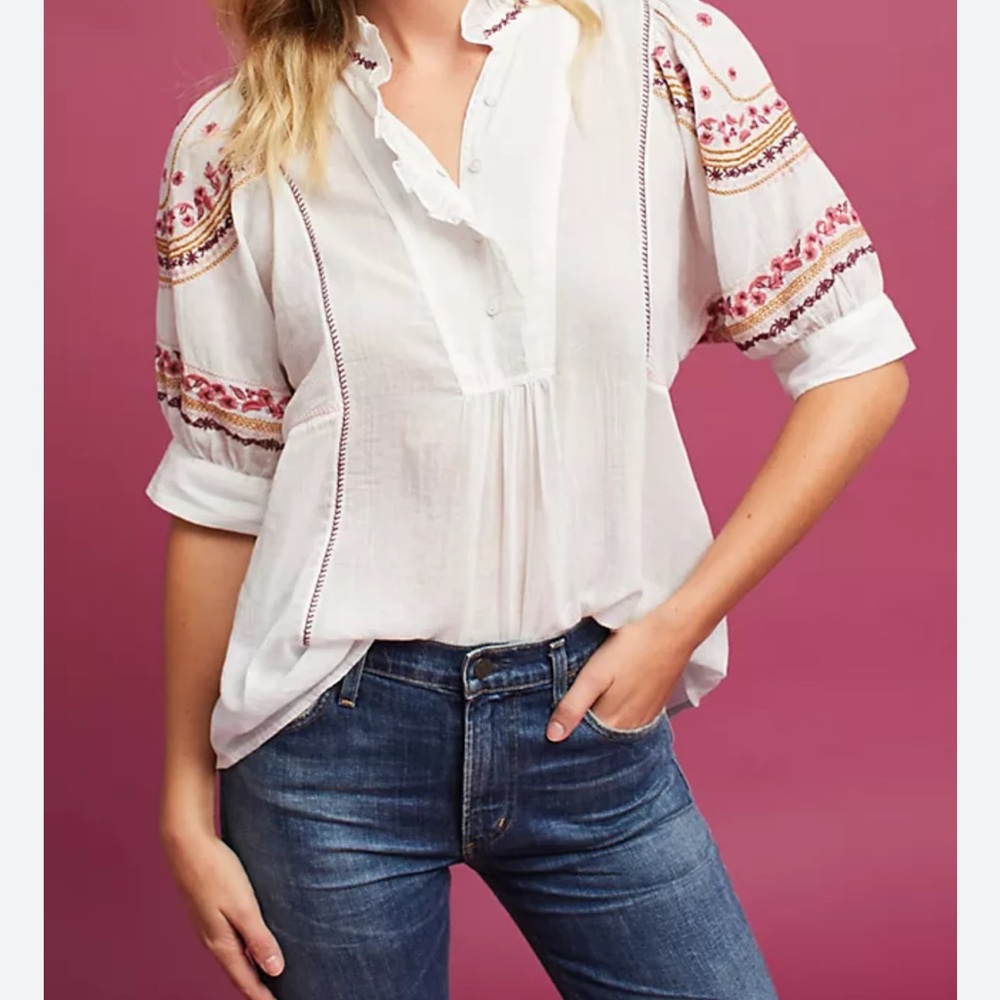NWT Embroidered White Blouse From Anthropologie size XSmall - Picture 1 of 12